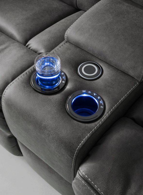 2seaterelectricpowerreclinerfabricsofawithbluetoothspeakersstorageconsoleuni